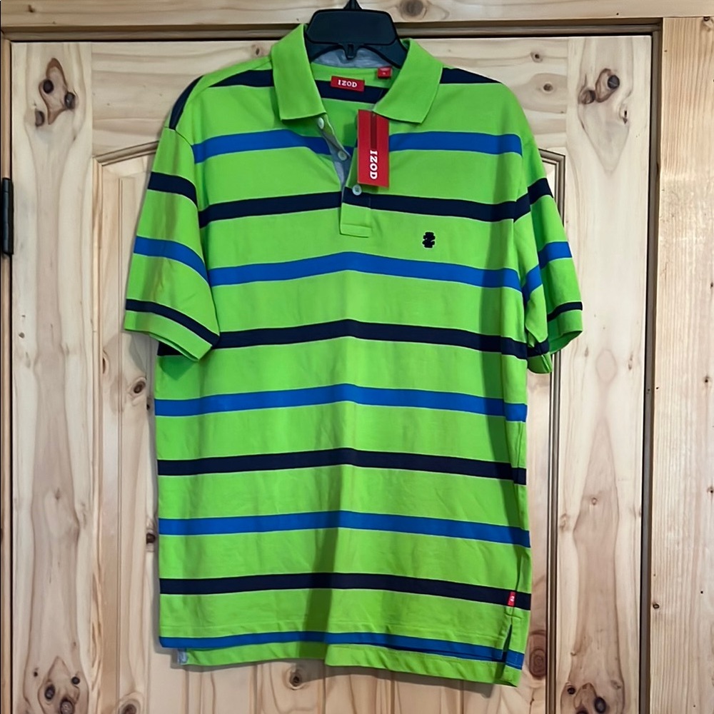 Men’s NWT Izod Heritage Oxford Green Striped Polo Shirt Medium